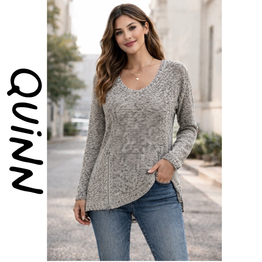 Quinn Heather Grey Front Zip detail Knit sweater